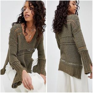 Khaki Green Long Sleeve Free People Belong to You knit Crochet Top Beach CoverUp